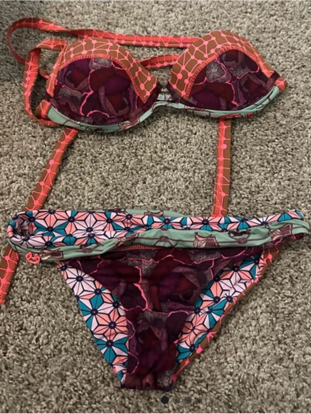 Maaji Floral Geometric Bikini Top in Teal, Pink & Brown